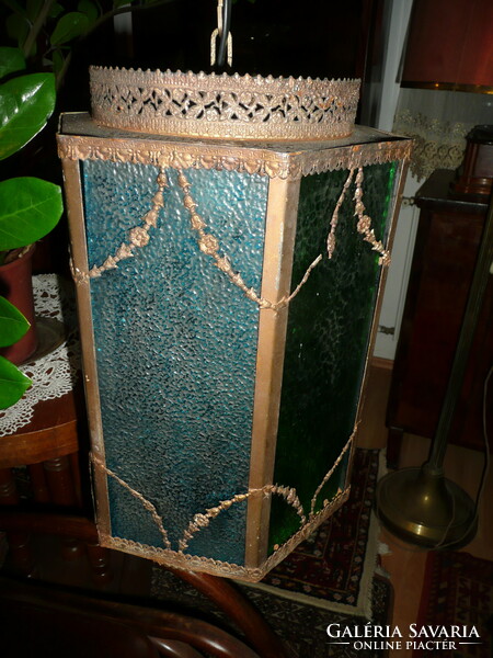 Ritka, antik, szecessziós, gyárilag két színű üveges, újra kábelozott csillár / mennyezeti lámpa