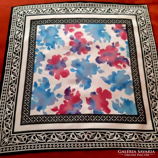 Italian silk scarf, pink and blue pattern with black and black edges