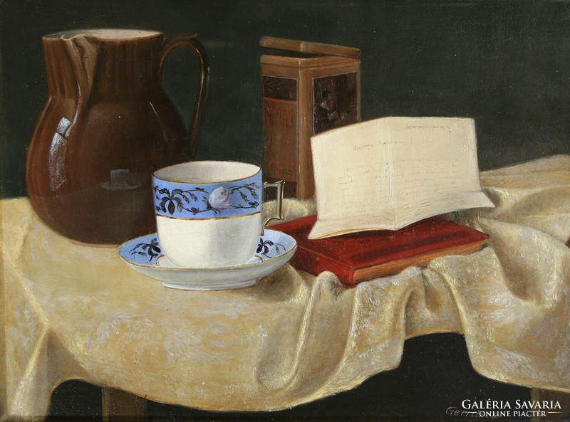 Vilmos Gerritsen (1878-1920) table still life with coffee cup and jug with letter