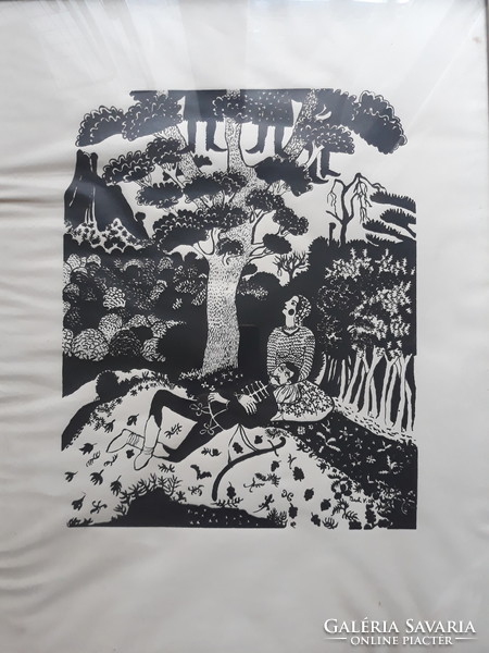 Berki viola: couple of people under the tree - original signed woodcut or screen print