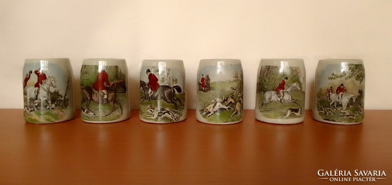 Six mini ceramic gray stoneware jugs, small jugs with hunting scenes of English horses and dogs