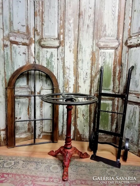 Patinated cast iron table, using old casting and well wheel, unique table, loft table