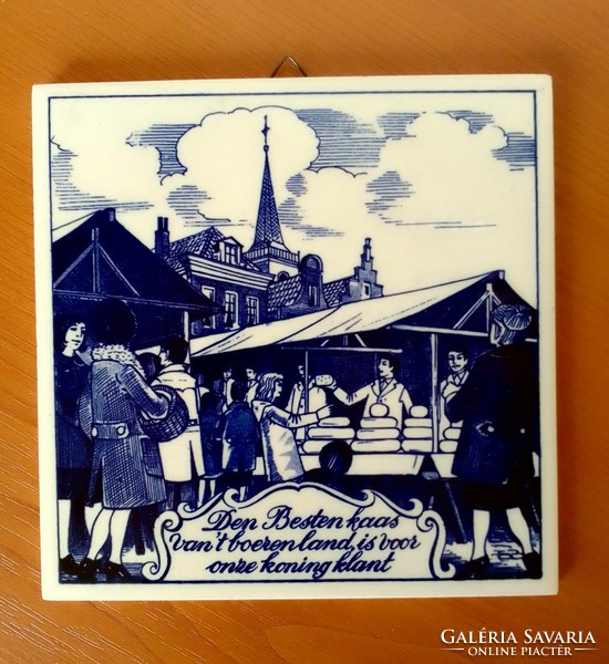 Blue and white Dutch-German ceramic earthenware decorative tile market scene cheese fair tent portrait, flawless