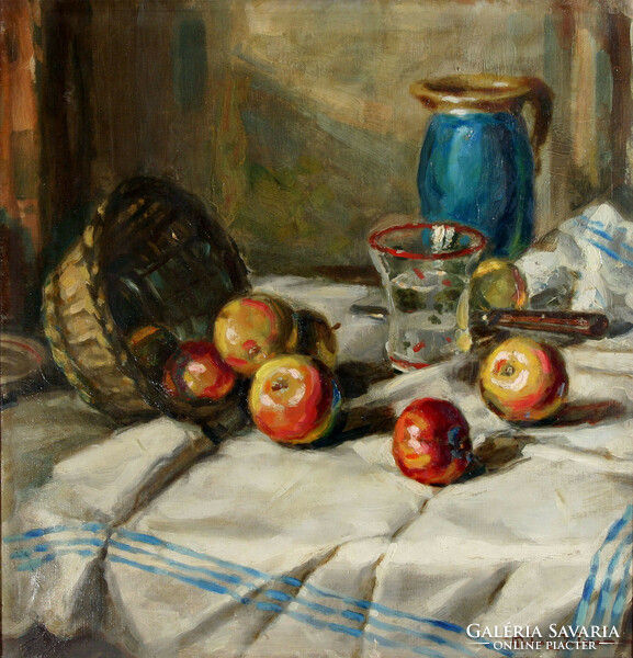 István Kertész (1910-) table still life 69x68cm | white blue tablecloth with basket of apples