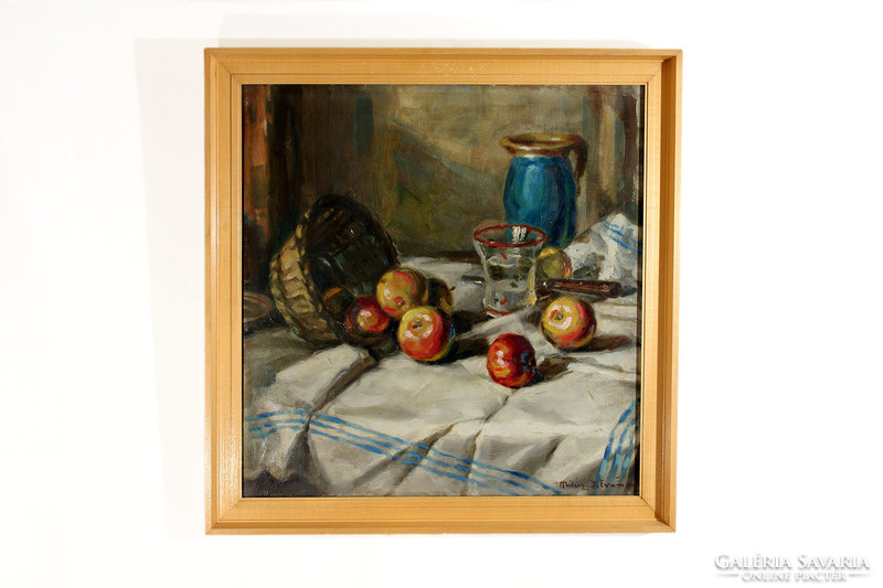 Kertész István (1910-)  Asztali Csendélet 69x68cm | Almával Kosárral Fehér Kék Abrosz
