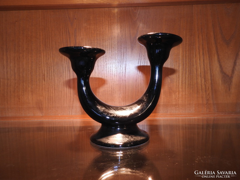 Two-pronged black ceramic candle holder