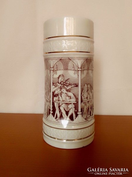 Hollóháza porcelain beer mug with medieval pub scenes, marked