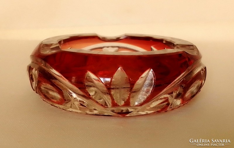 Old polished peeled crimson stained crystal glass ashtray, small but beautiful