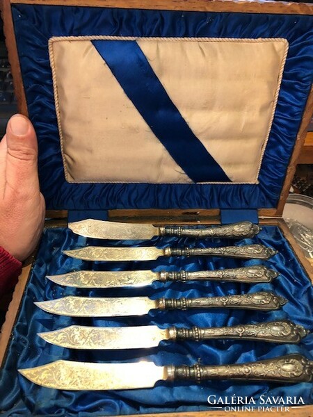 Art Nouveau silver knife set, 6 pieces, in original box.