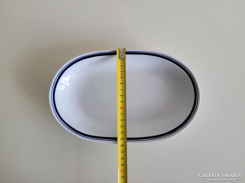 Old retro plain porcelain oval bowl 2 blue stripes 25 cm