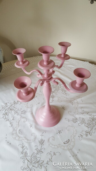 Pink, five-branched metal candle holder