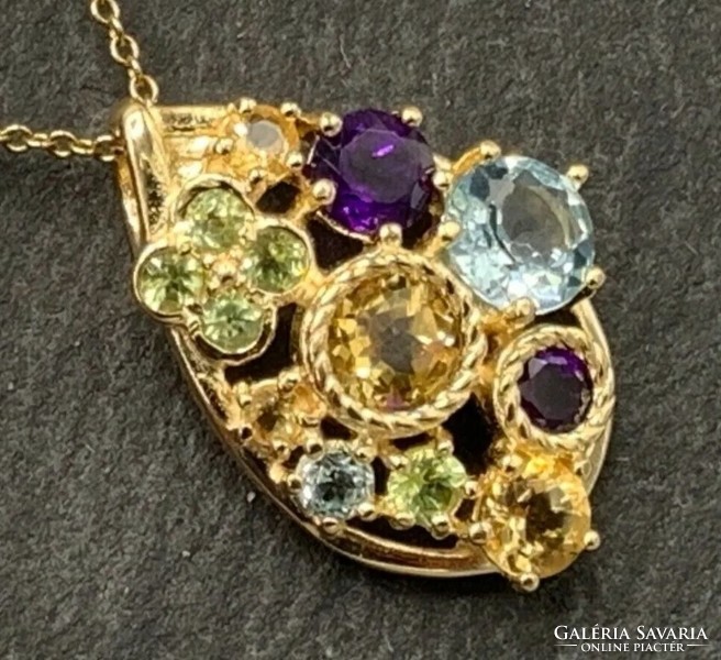 Mesès amethyst, some topaz, citrine, peridot gemstone cross pendant, 14k gold-plated, marked 925