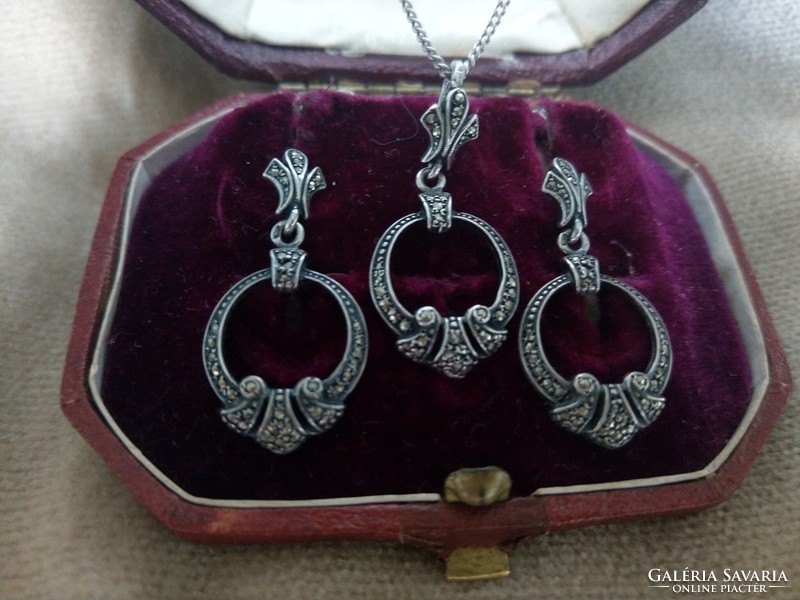 Antique sterling silver marcasite jewelry earrings and pendant set
