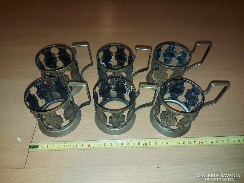 6 db orosz, ezüstözött teáspohár-tartó, pohár átmérője 7 cm maximum