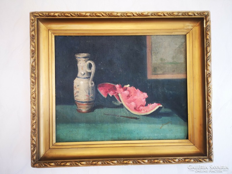 Beautiful table still life oil on canvas painting with melons, goblet theme, good quality