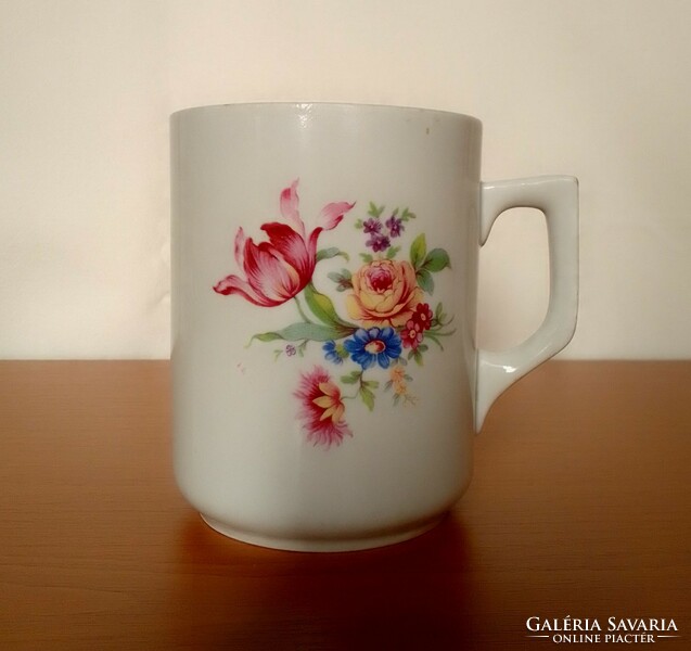 Antik régi virágos Zsolnay porcelán bögre csésze pohár, tulipán rózsa, jelzett, pajzspecsétes