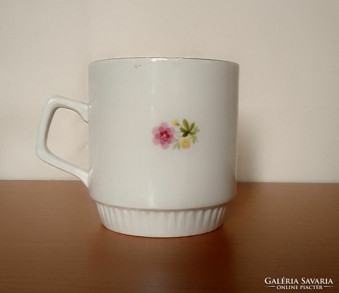 Floral Zsolnay porcelain mug cup glass, colorful spring flowers, marked,