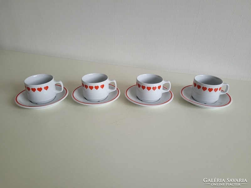 Old retro Zsolnay porcelain red heart pattern hearty coffee cup 4 pieces mid century