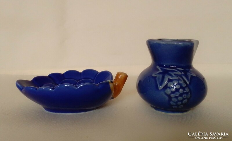 Mini blue glazed porcelain bowl leaf shape pitcher bunch of grapes vintage, nipp, display case decoration