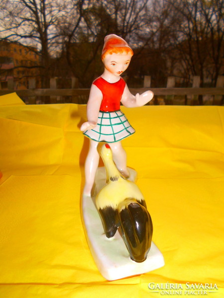 Bodrogkeresztúr little girl with a rooster - ceramic figure