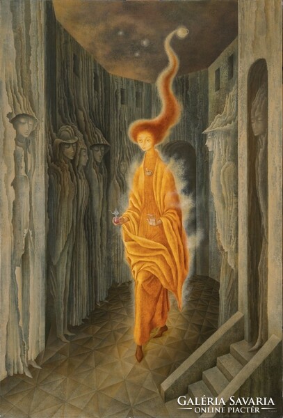 Remedios Varo A hívás reprint nyomat, nő lány arany ruha éjszaka ezoterikus szürrealista festmény