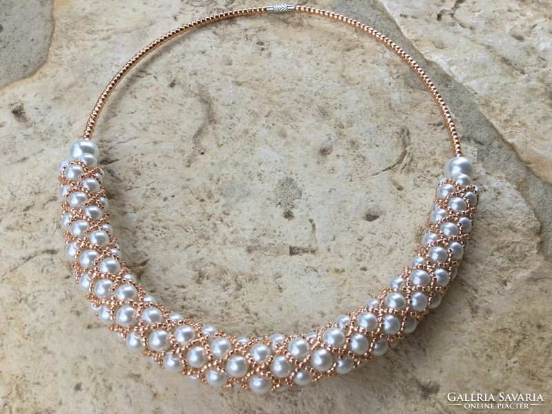 Unique handmade gift: extravagant white teal and rose gold pearl necklaces