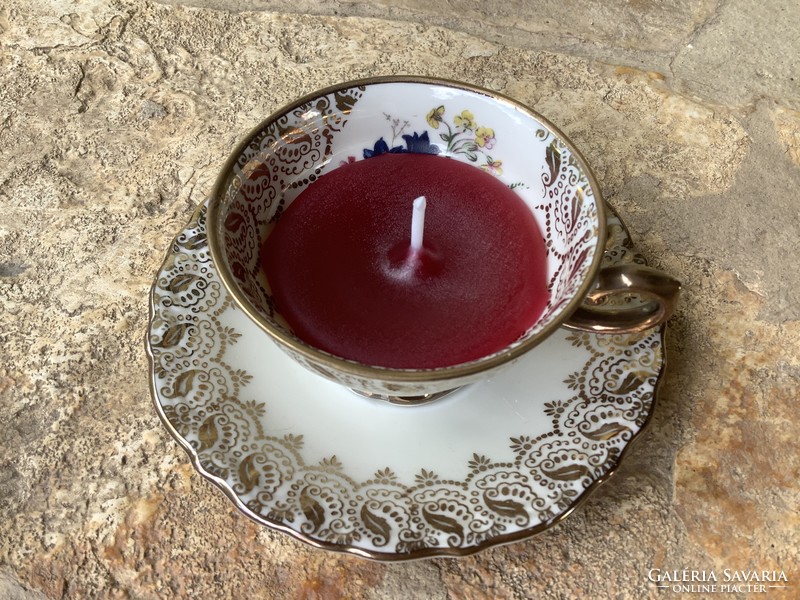 Antik porcelán bordó illatgyertya mécses virágos kávéscsésze+alj