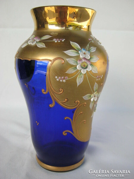 Retro ... Bohemia virágokkal díszített kék üveg váza 20 cm