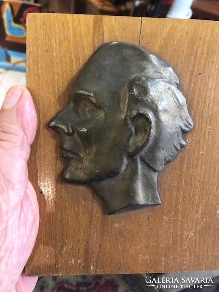 Béla Bartók metal relief, size 12 cm, mounted on wood.