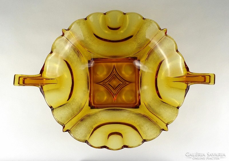 1L162 Mid century borostyánsárga üveg asztalközép kínáló tál 42 cm