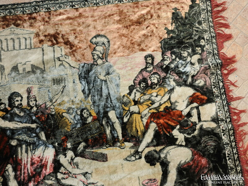 Huge antique silk mocha tablecloth - tapestry - ancient scene