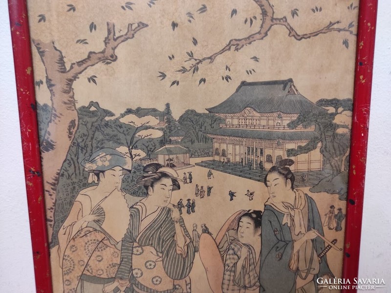 Antik Japán fametszet színezett papír feliratokkal jelzett gésa életkép 2 darab 930 6053