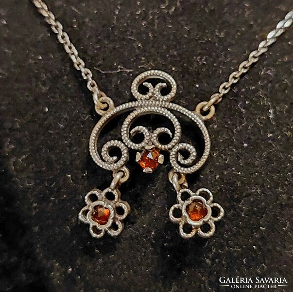 Vintage garnet stone silver necklace, collier