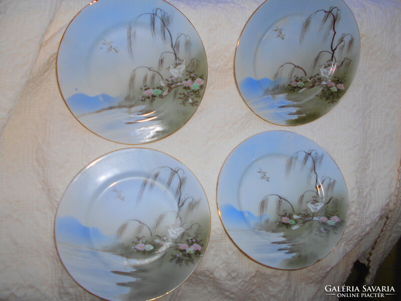 4 antique Kutani hand-painted plates with landscapes and birds on the waterfront