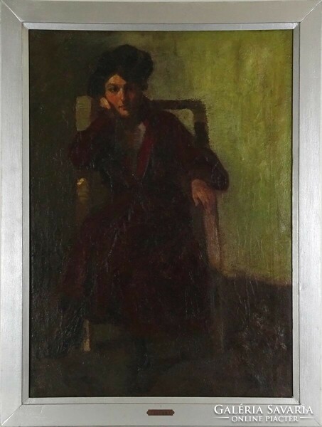 1L159 xx. Hungarian painter of the 19th century: a lady in a hat in a chair