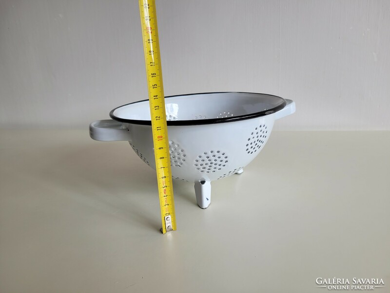 Old enameled foot strainer fruit washing enameled vintage footed pasta strainer with ears