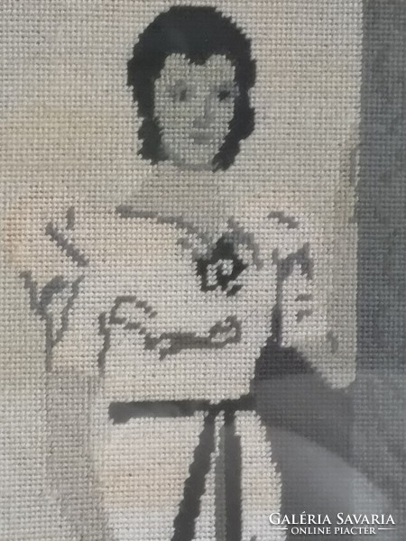 Antique needle tapestry, lady in evening dress 1920-30