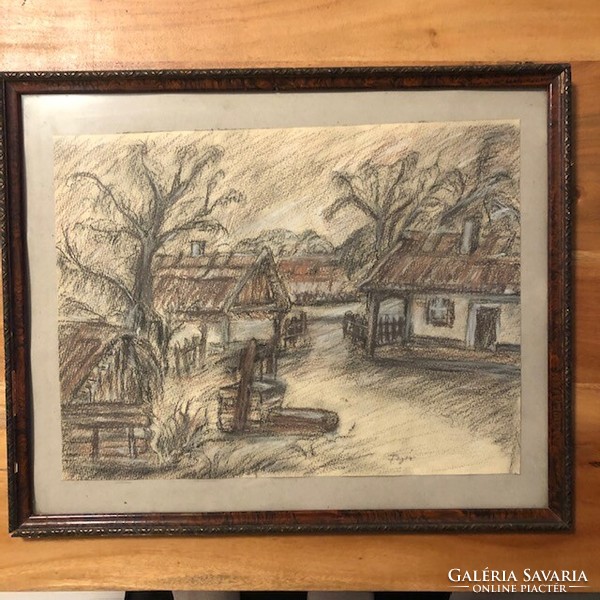 Charcoal drawing: village street, 39*48 cm