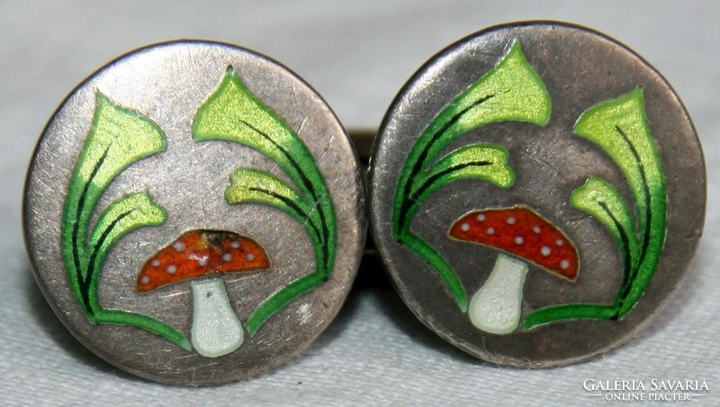 Antique enamel silver mushroom decorated cuff button pair monarchy contemporary
