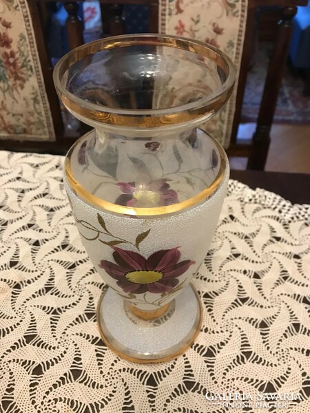 A very beautiful, special acid-etched glass vase, decorated with floral patterns, with gilded decor.