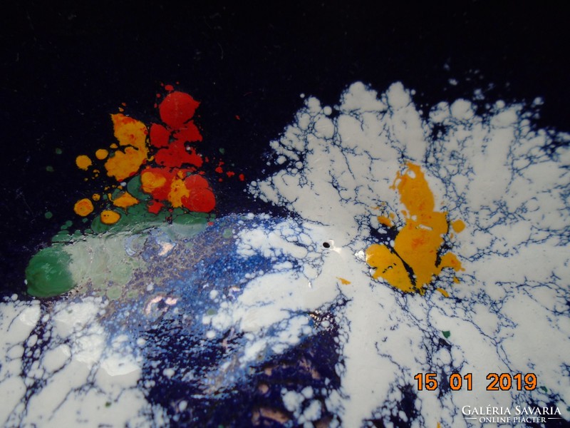 Tűzzománc Kobaltkék dísztál színes virágokkal