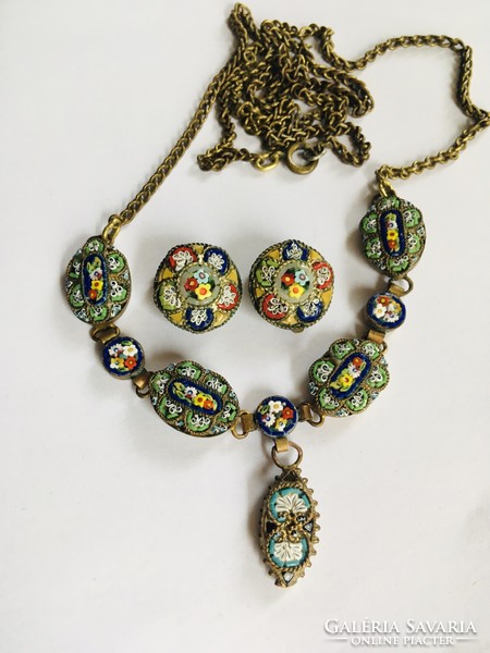 Antique millefiori mosaic necklace and earrings - clip