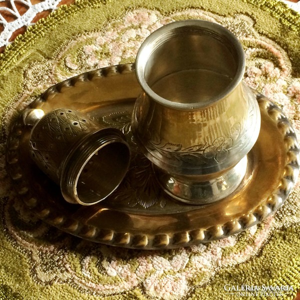 Sumptuous, antique, silver-plated, marked, chiselled powdered sugar with matching tray