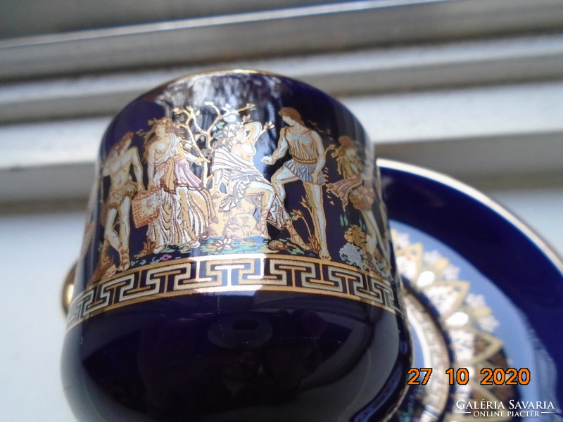 Kézzel festett arany, ezüst és színes zománc görög mitológiai fríz mintákkal,mokkás csésze alátéttel