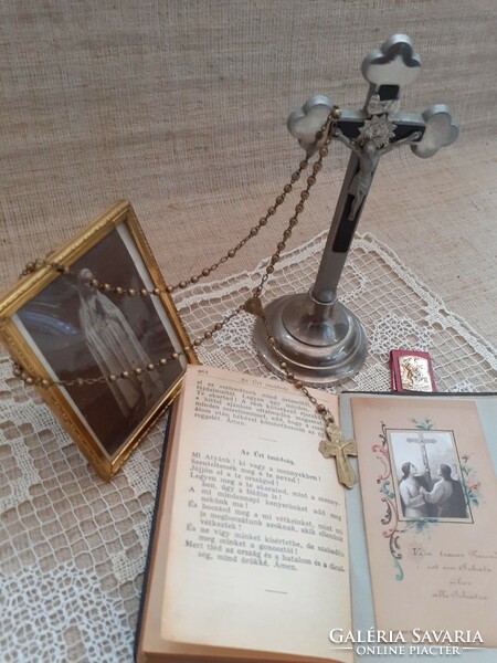 Antique nun's legacy hymn book metal table cross copper rosary in copper metal garden Virgin Mary picture