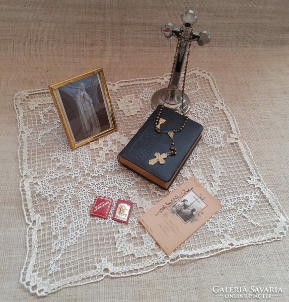 Antique nun's legacy hymn book metal table cross copper rosary in copper metal garden Virgin Mary picture