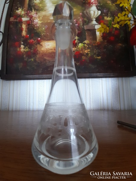 Art Deko üveg palack, likőrös üveg dugóval, metszett mintával