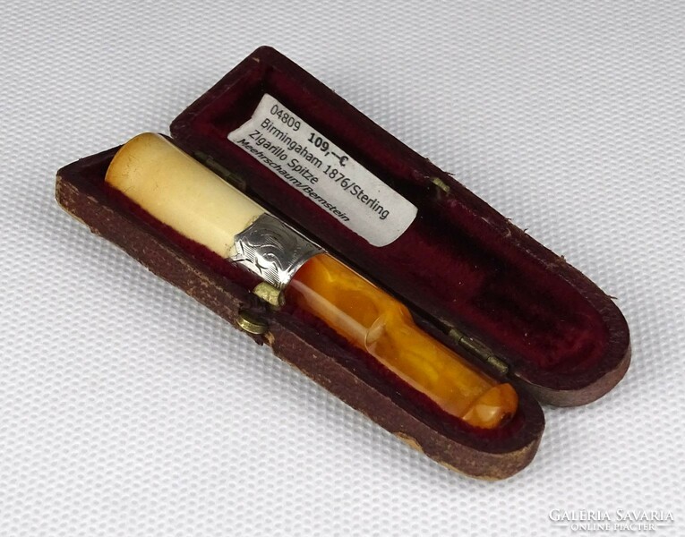 1L261 antique amber - sterling silver - amber cigarette butt in original leather case 1876