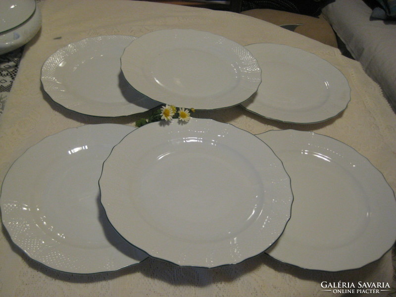 Herendi , fehér , lapos tányér ,  6 db , zöld peremmel , 258 cm , 1524 jelű , használva még nem volt