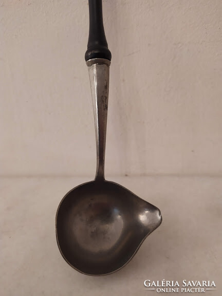 Antique kitchen tool museum patina wooden handle pewter sauce ladle 19th century 111p 6142